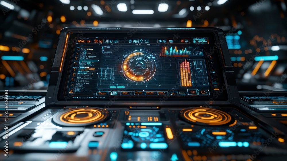 Futuristic control panel displays data; spaceship interior Futuristic control panel displays data; spaceship interior