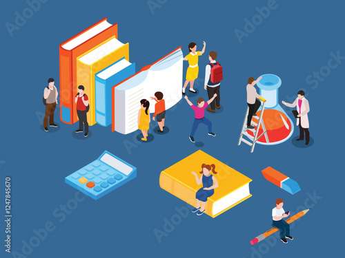 Education and Learning with Books, Science, and Students 3d isometric vector illustration