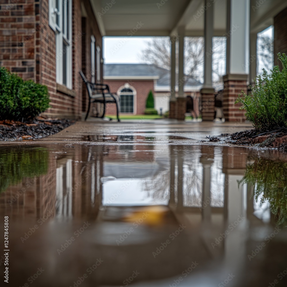 Fototapeta premium Porch puddle reflection, autumn rain, brick building, landscaping, insurance