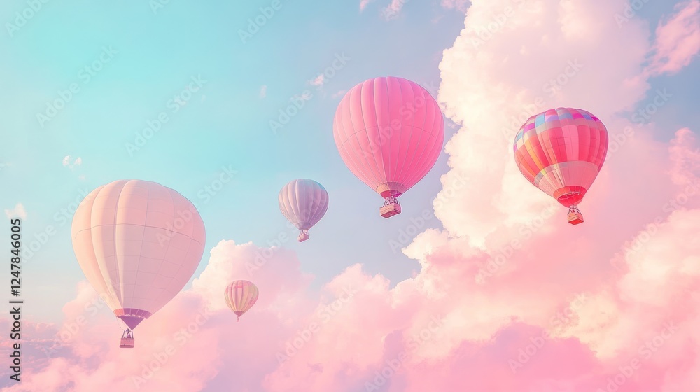 Pastel hot air balloons soar above fluffy pink clouds at sunrise; idyllic travel poster Pastel hot air balloons soar above fluffy pink clouds at sunrise; idyllic travel poster