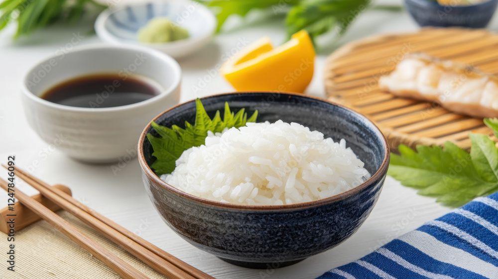 bowl of fluffy white rice served with soy sauce, lemon, and wasabi, surrounded by fresh herbs and bamboo mat bowl of fluffy white rice served with soy sauce, lemon, and wasabi, surrounded by fresh herbs and bamboo mat