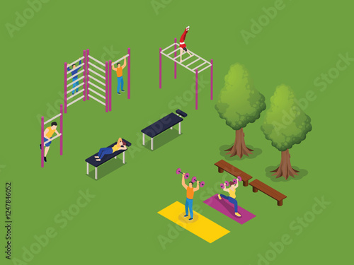 Outdoor Fitness Park with People Exercising 3d isometric vector illustration