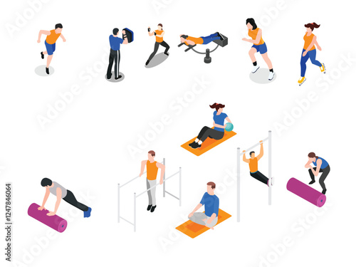 Fitness and Workout Activities - People Exercising 3d isometric vector illustration