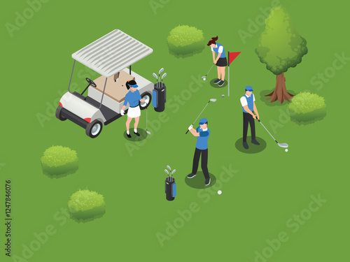 Golf Scene - Players on a Golf Course 3d isometric vector illustration