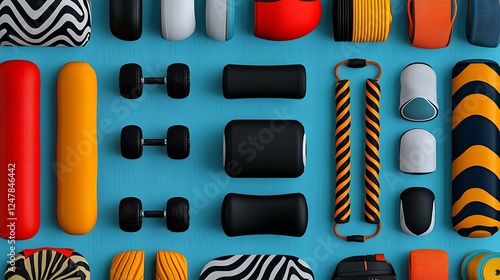 Colorful assortment of fitness accessories arranged on a blue wooden surface, showcasing various shapes and patterns photo