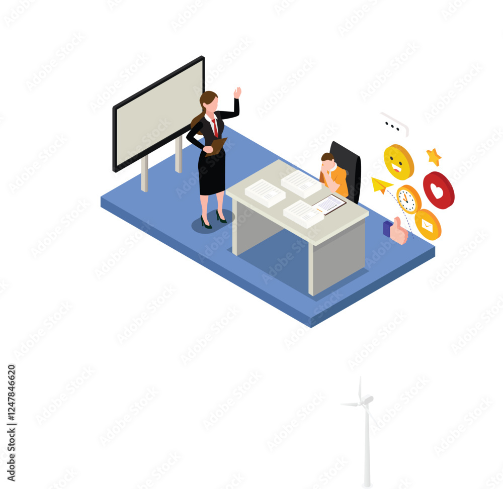 Workplace Stress and Social Media Distraction 3d isometric vector illustration Workplace Stress and Social Media Distraction 3d isometric vector illustration