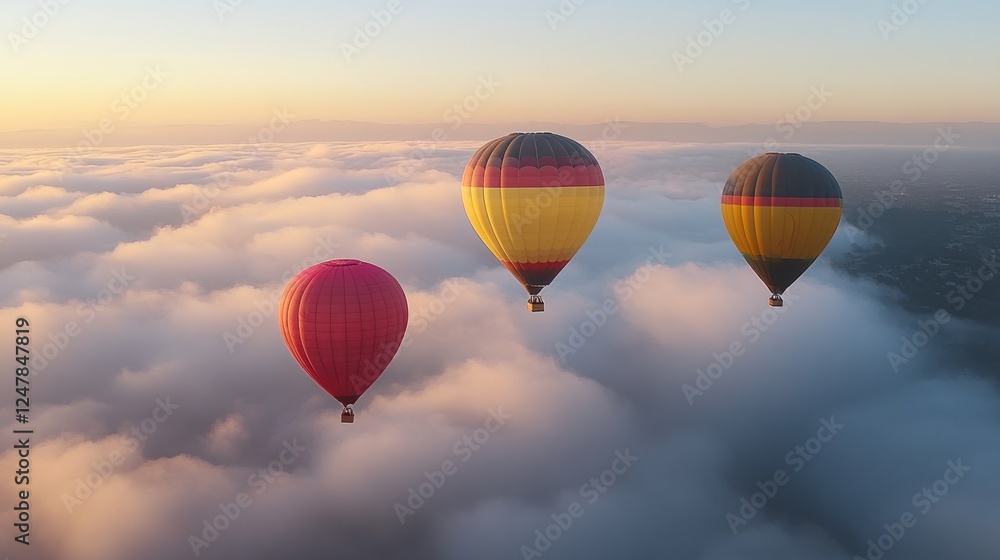 Fototapeta Sunrise hot air balloons soaring above cloudscape, aerial view, travel