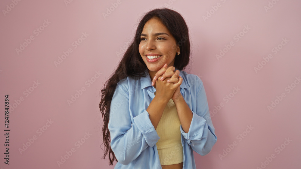 Beautiful young woman smiling over an isolated pink background, looking happy and cheerful wearing a casual blue shirt Beautiful young woman smiling over an isolated pink background, looking happy and cheerful wearing a casual blue shirt