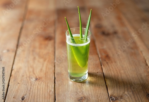 glass of aloe vera juice put on wooden floor photo