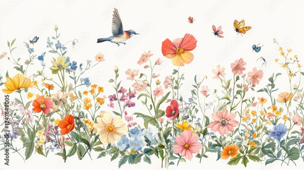 Fototapeta premium 16121056 51 51.A beautiful and detailed floral arrangement of colorful flowers, birds in mid-flight, fluttering bugs, and twigs, all delicately illustrated in a soft, romantic style perfect for
