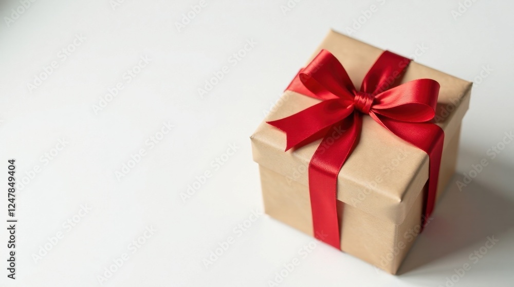 A Beautifully Wrapped Gift Box with a Crimson Ribbon Bow on a White Surface A Beautifully Wrapped Gift Box with a Crimson Ribbon Bow on a White Surface