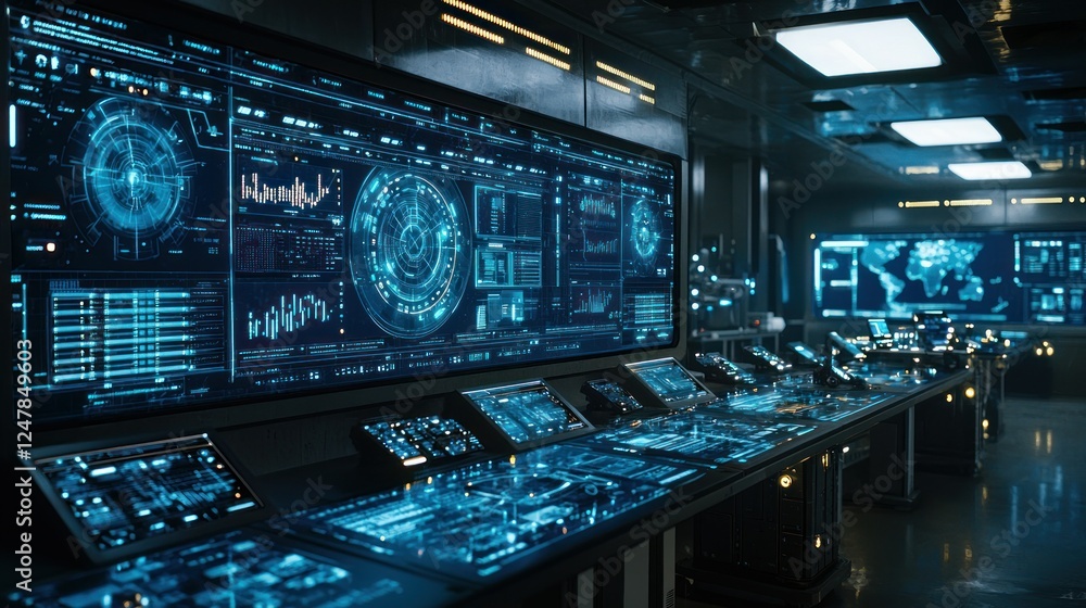 Futuristic control room monitors global data Futuristic control room monitors global data