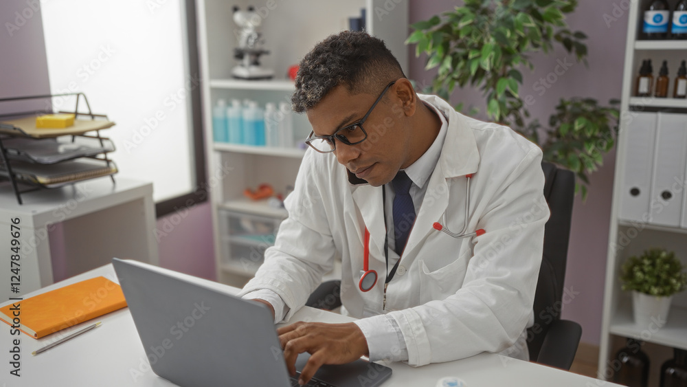 Hispanic man in a clinic wearing a white coat uses a laptop and talks on the phone, surrounded by medical equipment and plants, portraying a busy, professional environment. Hispanic man in a clinic wearing a white coat uses a laptop and talks on the phone, surrounded by medical equipment and plants, portraying a busy, professional environment.