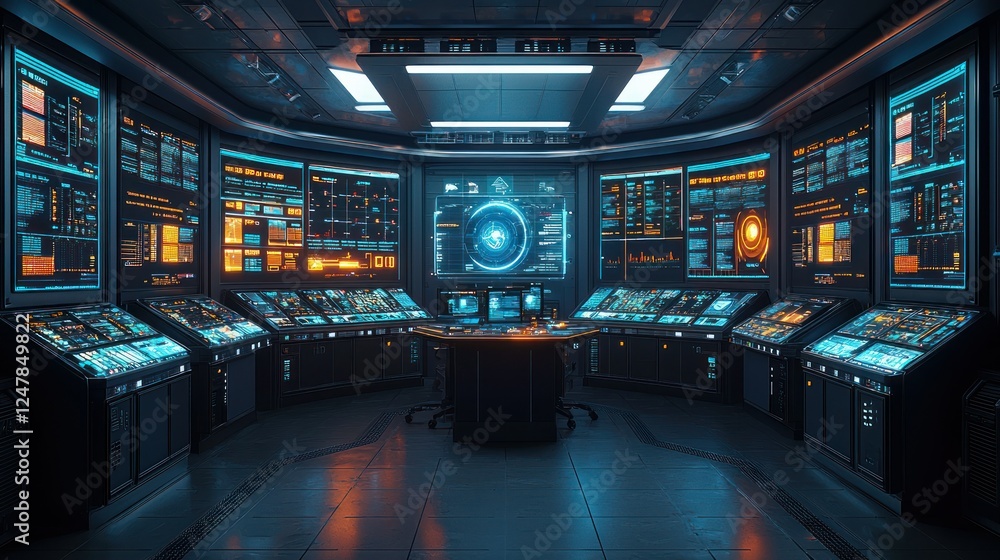 Futuristic control room, monitoring systems, spaceship interior, data analysis Futuristic control room, monitoring systems, spaceship interior, data analysis