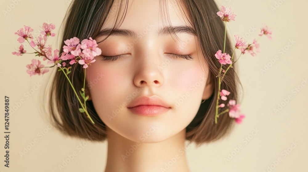Serene woman, blossoms, studio, calm, skincare Serene woman, blossoms, studio, calm, skincare