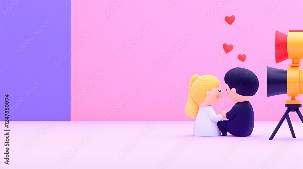 Cartoon couple sharing a kiss with hearts and colorful background Cartoon couple sharing a kiss with hearts and colorful background
