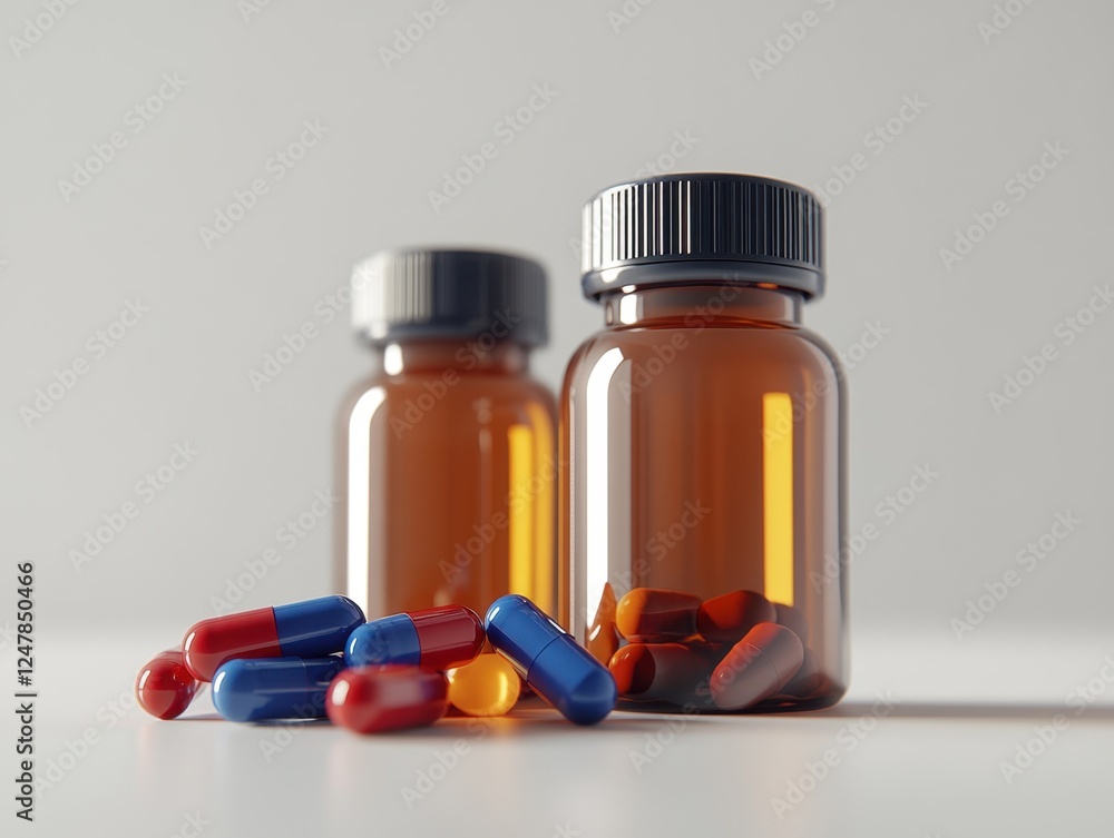 High-quality image of amber prescription pill bottles and assorted capsules, showcasing pharmaceutical products, medicine, healthcare, drugs, pharmacy, containers, pills, medication, supplements High-quality image of amber prescription pill bottles and assorted capsules, showcasing pharmaceutical products, medicine, healthcare, drugs, pharmacy, containers, pills, medication, supplements