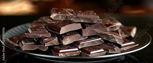 Pile of dark chocolate pieces on plate photo