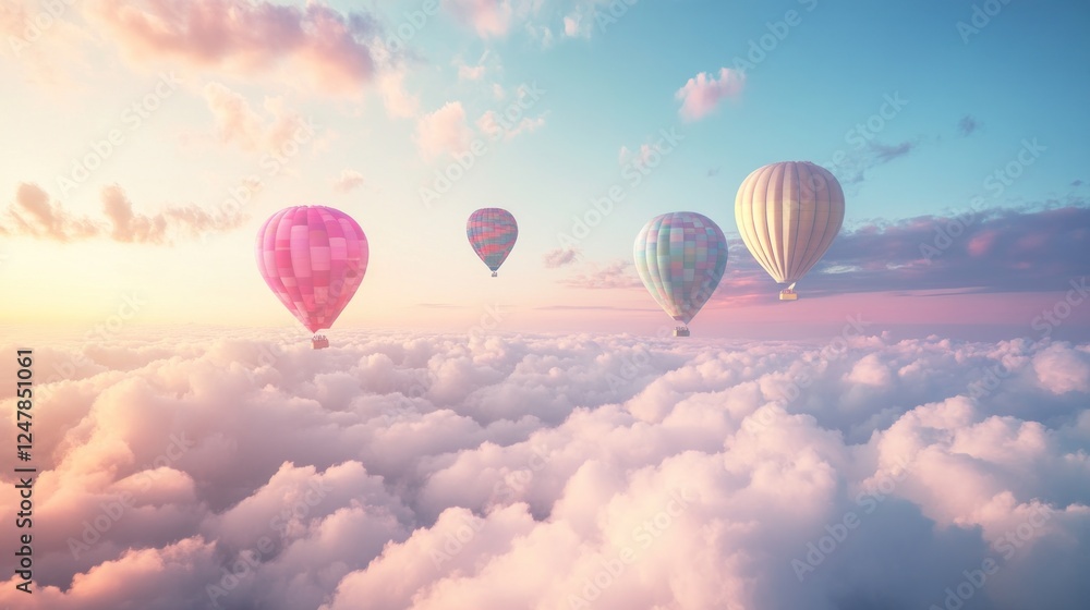 Obraz premium Colorful hot air balloons soar above clouds at sunset, peaceful travel scene