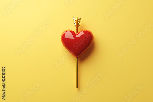 A glossy red heart-shaped lollipop with an arrow, set against a yellow background.