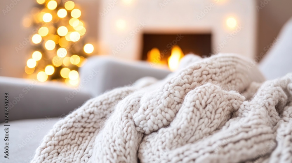Cozy cream knit blanket on sofa, Christmas fireplace background, winter home decor Cozy cream knit blanket on sofa, Christmas fireplace background, winter home decor