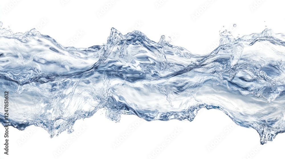Flowing water stream, white background, splash, purity, banner Flowing water stream, white background, splash, purity, banner