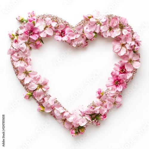 A heart-shaped picture frame made of pink flowers and glitter accents, on isolated white background