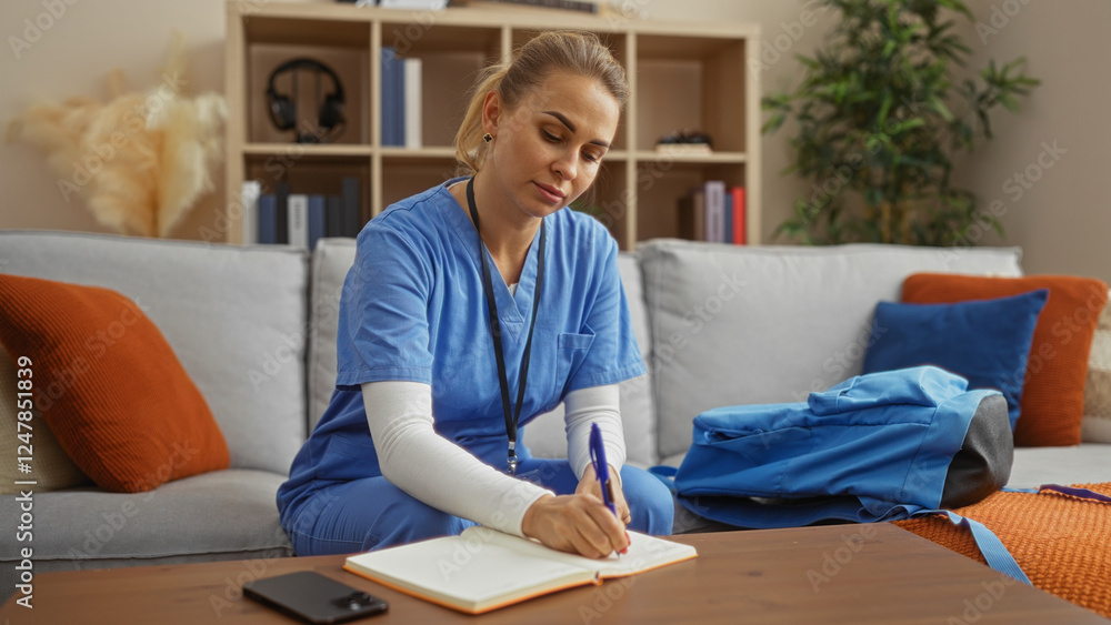 Woman wearing blue uniform writing in notebook at home with cozy living room setting including sofa and plants, creating a calm and focused atmosphere for study or work. Woman wearing blue uniform writing in notebook at home with cozy living room setting including sofa and plants, creating a calm and focused atmosphere for study or work.