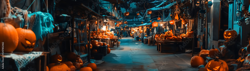 A captivating Halloween street scene, filled with glowing jack-o'-lanterns, festive decorations, and a mysterious ambiance. Perfect for holiday themes and seasonal celebrations. A captivating Halloween street scene, filled with glowing jack-o'-lanterns, festive decorations, and a mysterious ambiance. Perfect for holiday themes and seasonal celebrations.