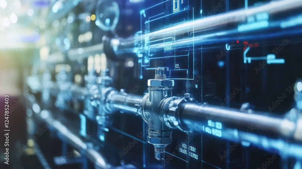 Industrial pipes, digital overlay, factory, monitoring system Industrial pipes, digital overlay, factory, monitoring system