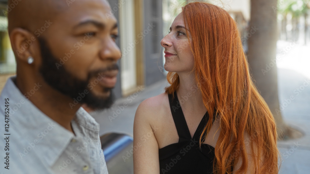 Naklejka premium Interracial couple in love sitting together on an urban street, the woman with red hair smiling at the man