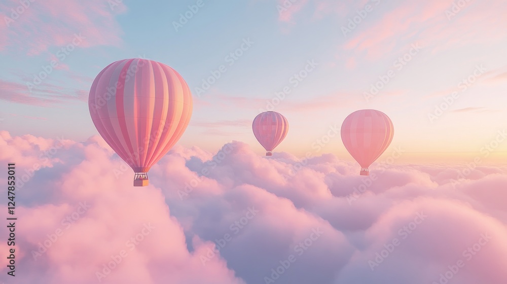 Obraz premium Pink hot air balloons soar above sunset cloudscape (1)