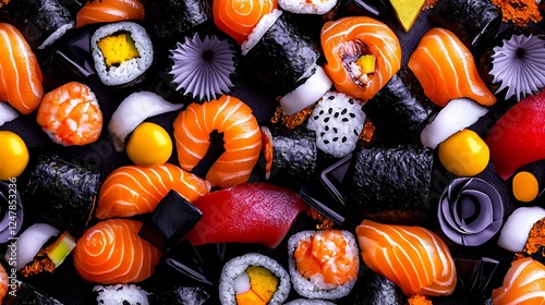 Colorful assortment of sushi rolls and sashimi arranged on a dark surface, showcasing variety photo