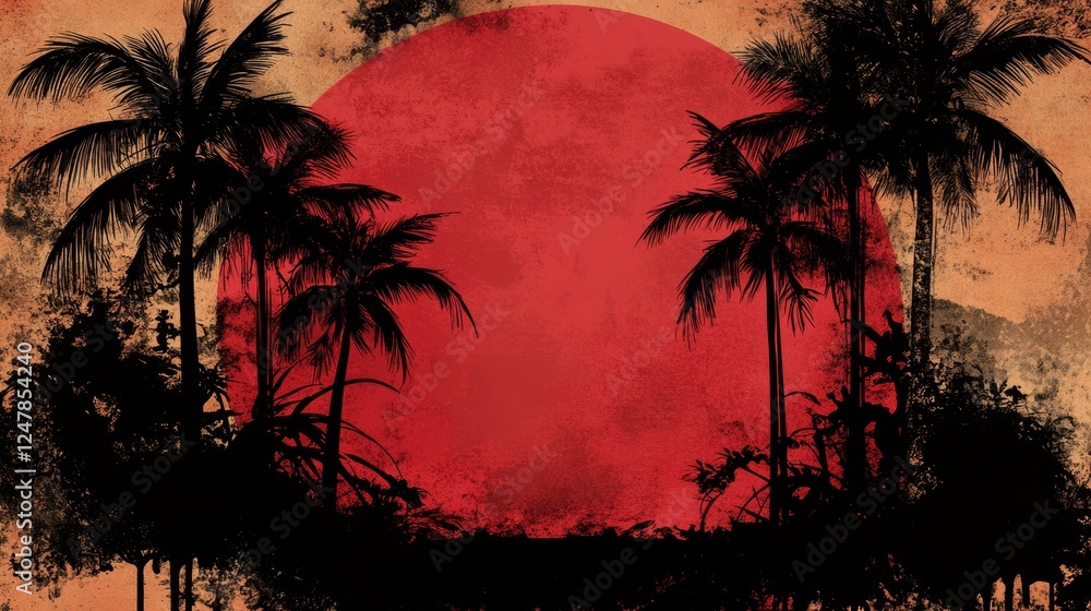 Fototapeta premium Crimson Sunset Tropical Palms Silhouette Grunge Texture Dramatic Landscape