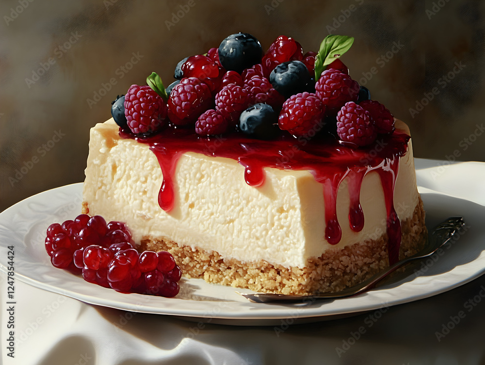 Gourmet Berry Cheesecake with Fresh Raspberries and Blueberries on Elegant Dessert Plate Gourmet Berry Cheesecake with Fresh Raspberries and Blueberries on Elegant Dessert Plate
