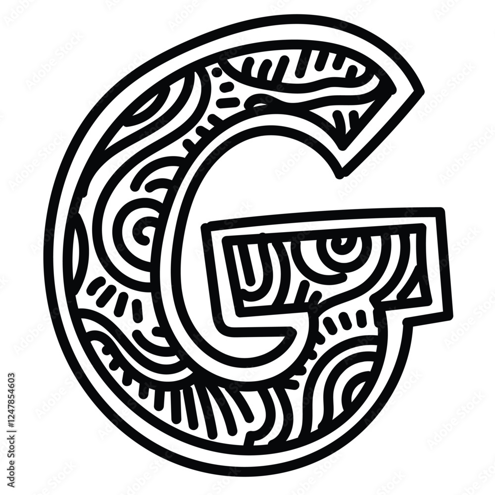 Uppercase letter of G with doodle inside. Simple illustration. Hand drawn doodle for sticker, postcard, wallpaper, mural, fabric, prints, wall decor, clothing, etc Uppercase letter of G with doodle inside. Simple illustration. Hand drawn doodle for sticker, postcard, wallpaper, mural, fabric, prints, wall decor, clothing, etc