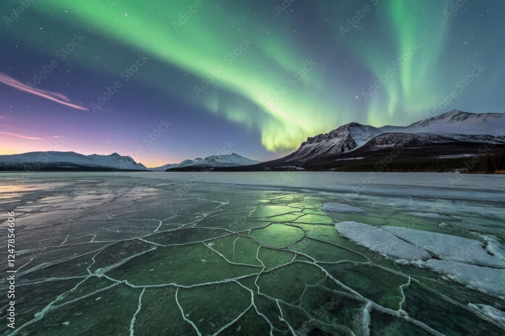 Witnessing the Celestial Dance: A Panoramic Aurora Borealis Over Frozen Lake Witnessing the Celestial Dance: A Panoramic Aurora Borealis Over Frozen Lake