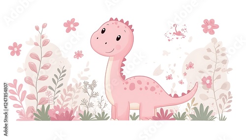 Fototapeta Naklejka Na Ścianę i Meble -  Pink dino floral garden, cute kids illustration