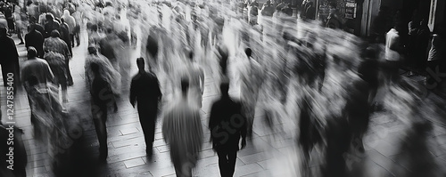 A dynamic scene depicting a crowd in motion, showcasing the hustle and bustle of urban life. The blurred figures convey a sense of energy and movement in a busy environment.