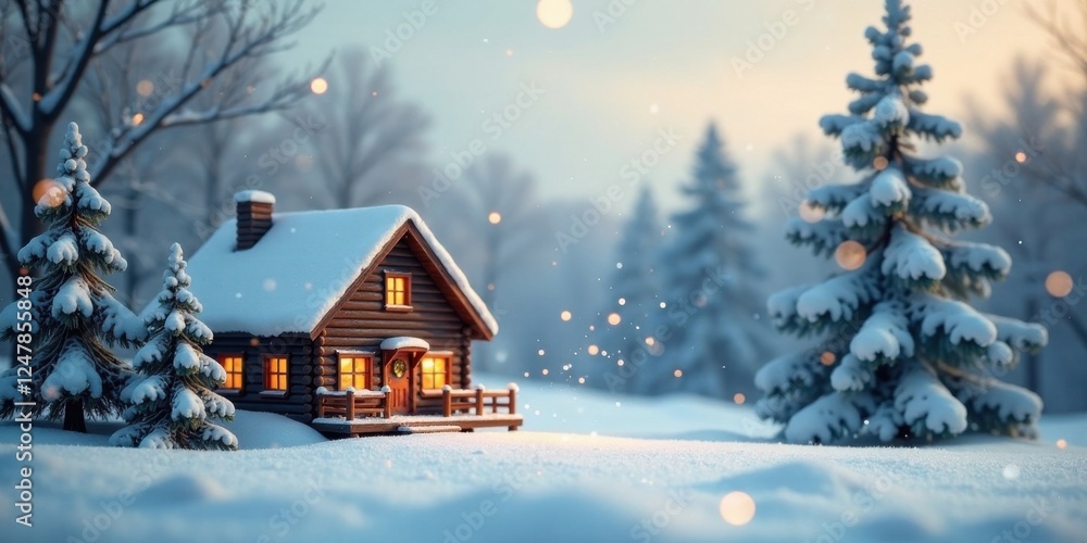 Naklejka premium Winter Wonderland Cabin A Cozy Log Home Nestled in a Snowy Forest with Glowing Windows and Falling Snow