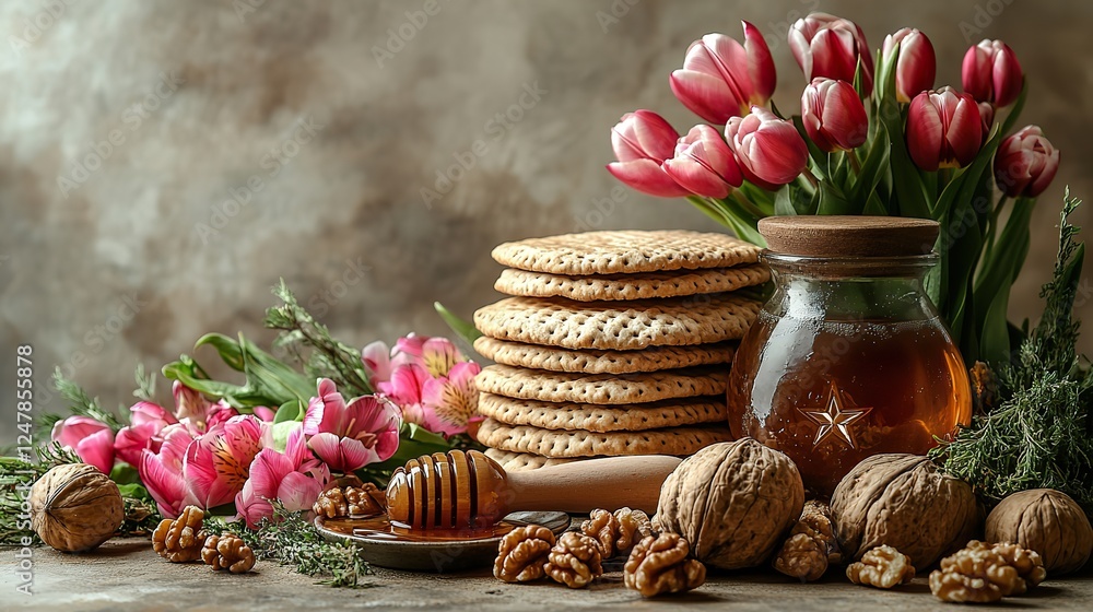 A classy Passover arrangement with matzah, ribboned walnuts, a honey server, a Star of David, and tulips on a soft beige background with space for text. A classy Passover arrangement with matzah, ribboned walnuts, a honey server, a Star of David, and tulips on a soft beige background with space for text.