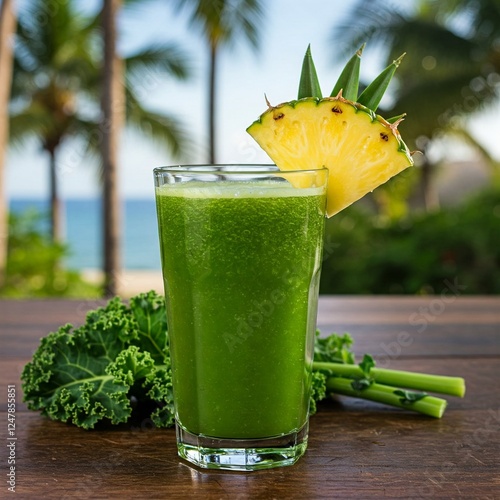 A glass of cold-pressed pineapple and kale juice, garnished with a pineapple slice and kale leaves, placed on a wooden table with a tropical backdrop.