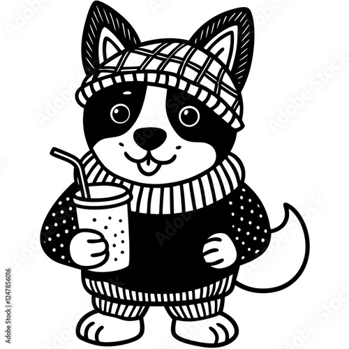 A cute cartoon of a corgi wearing a wooly hat holds a drink with a straw