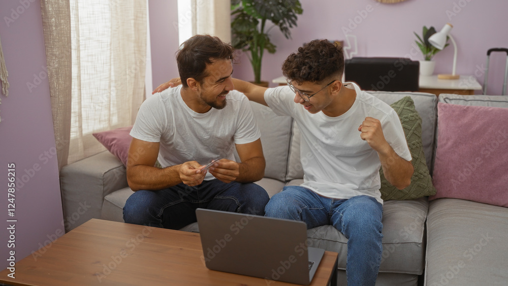 Father and son celebrating together at home, showcasing love and connection in a cozy living room with hispanic heritage Father and son celebrating together at home, showcasing love and connection in a cozy living room with hispanic heritage