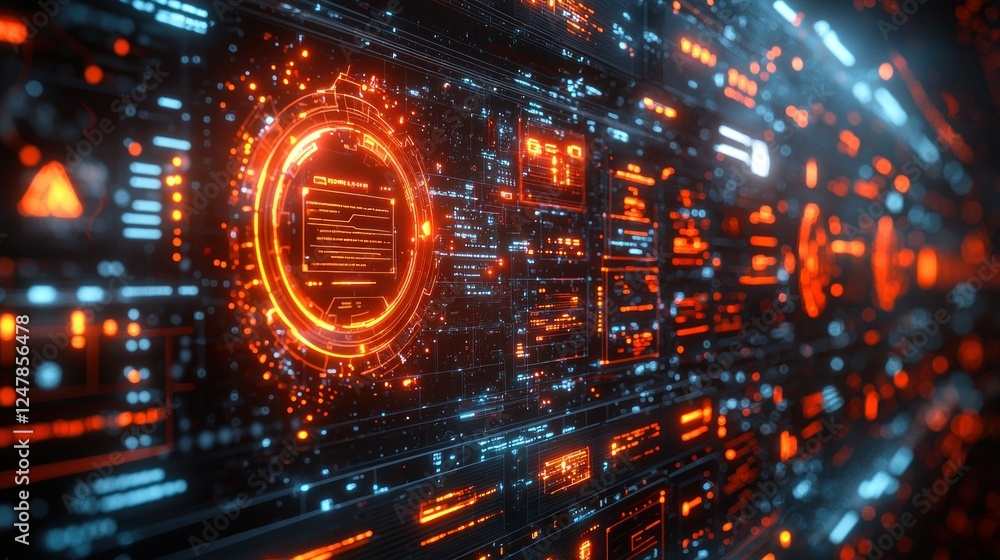 Obraz premium Futuristic data streams flow across digital wall