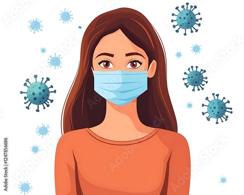 Woman wearing mask amidst virus illustration