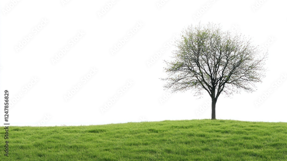 Fototapeta premium Solitary tree on grassy hill, spring, white background, nature