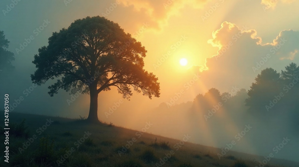 Solitary Tree on Misty Hillside at Sunrise, Bathed in Golden Light, Serene and Tranquil Landscape Solitary Tree on Misty Hillside at Sunrise, Bathed in Golden Light, Serene and Tranquil Landscape