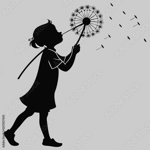 a child blowing dandelion seeds silhouette vector design art and illustration