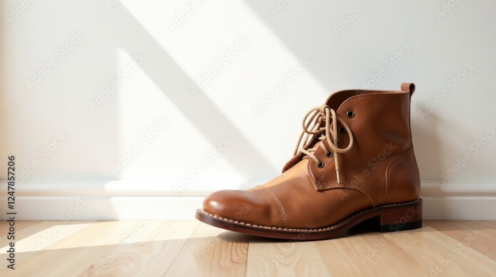 A single light brown leather boot with laces rests on a light wood floor, bathed in sunlight streaming from a nearby window A single light brown leather boot with laces rests on a light wood floor, bathed in sunlight streaming from a nearby window